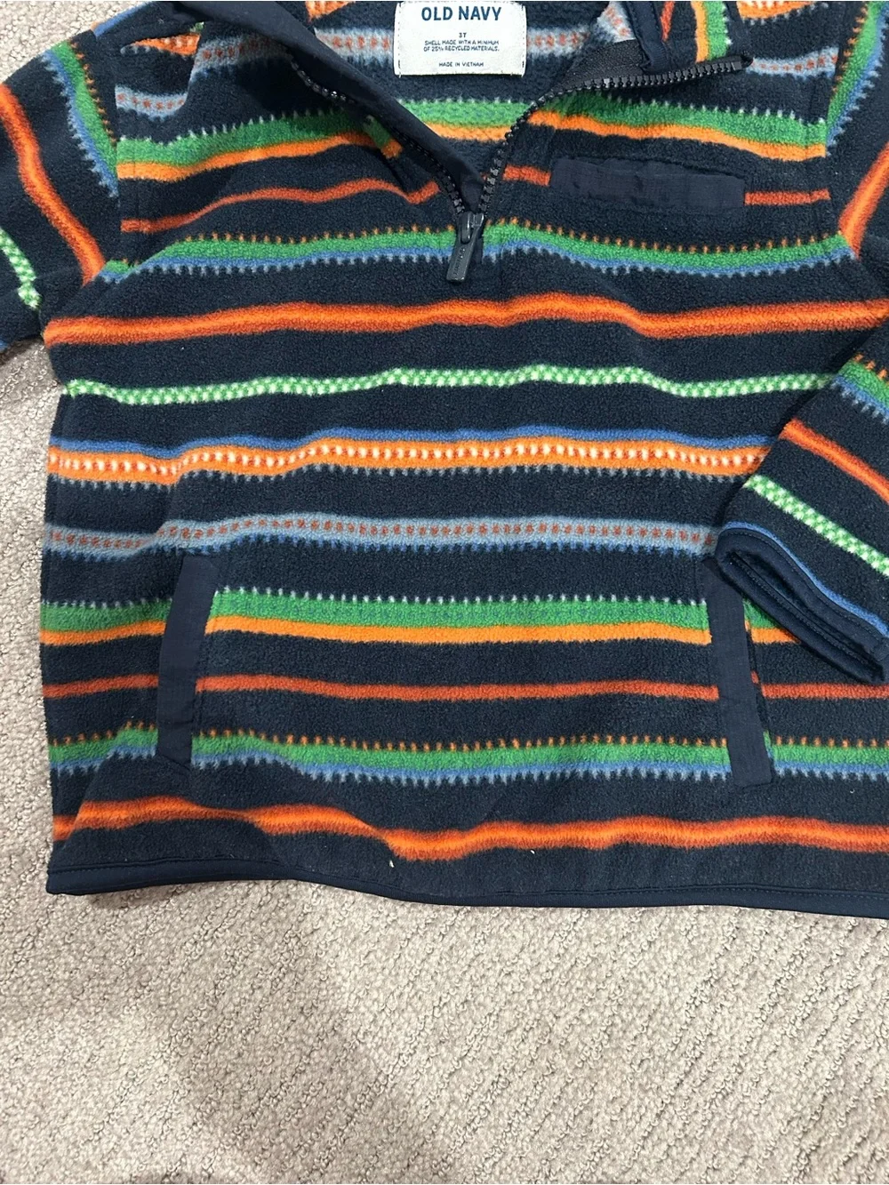 Old Navy Navy Striped Half-Zip Pullover with Green and Orange Accents